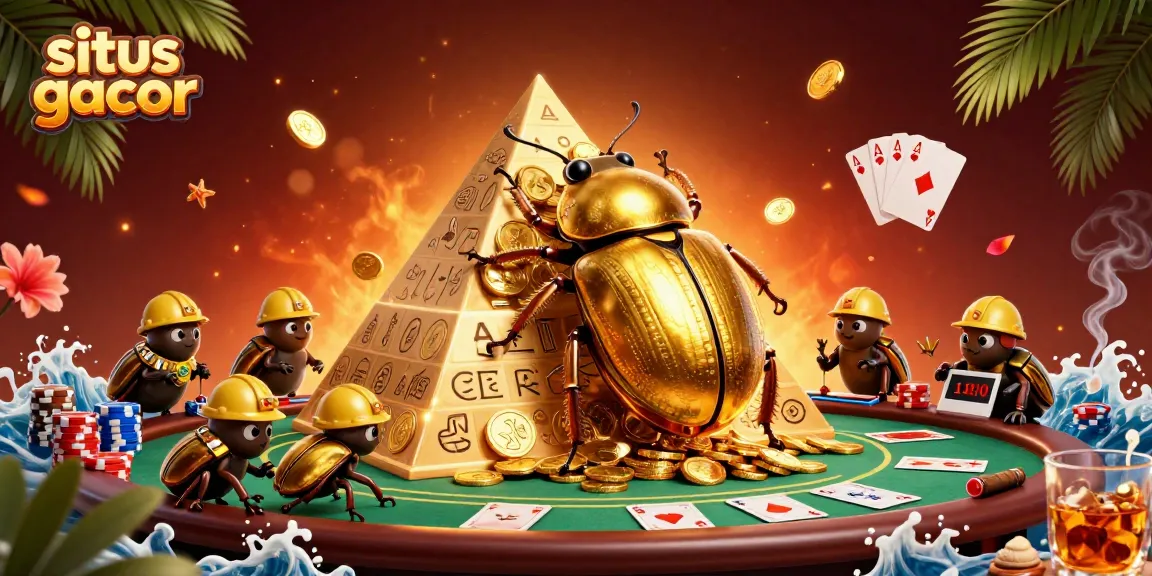 Engage with situs gacor through a fantastical 3D illustration featuring a golden dung beetle amidst vibrant casino elements.
