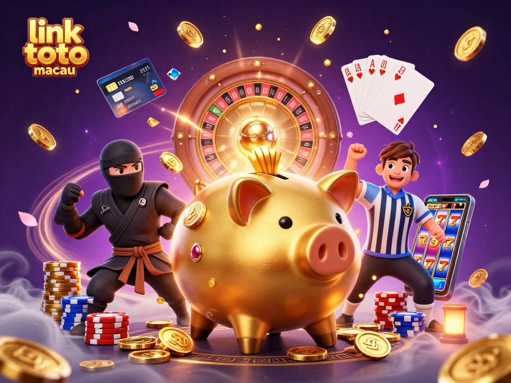 Experience the thrill of link toto macau with a dynamic scene of a golden piggy bank sumo wrestler and friends.