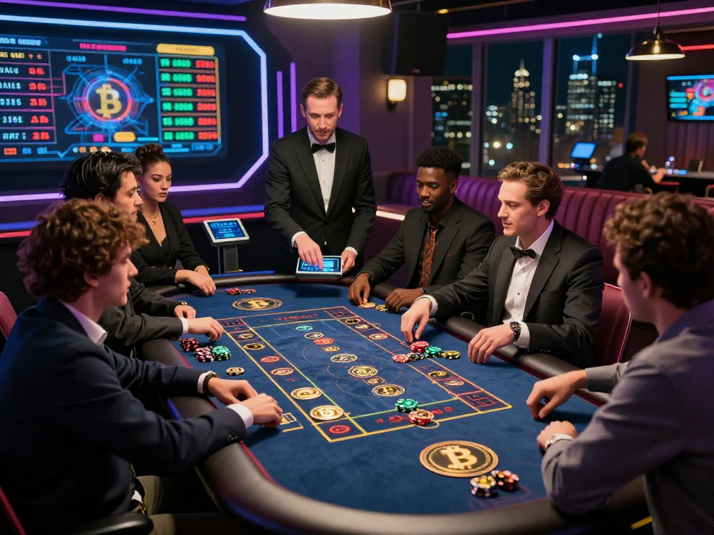 Exciting crypto casino scene with players at a high-tech gaming table, neon lights, and cryptocurrency displays.