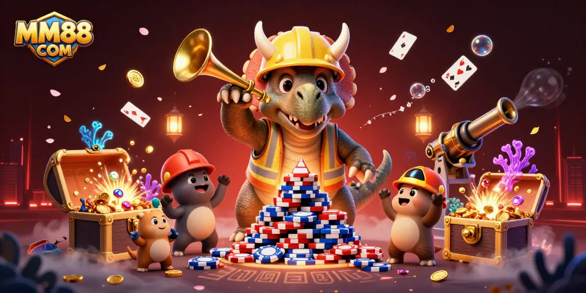 Engage with MM88 COM featuring a lively triceratops building poker chip pyramids amidst a vibrant, action-packed casino scene.