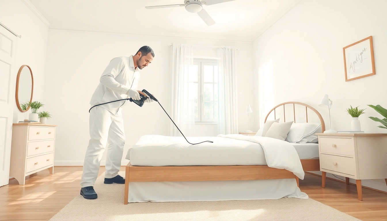 Exterminator performing bed bug treatment in a bright bedroom, highlighting effective pest control.
