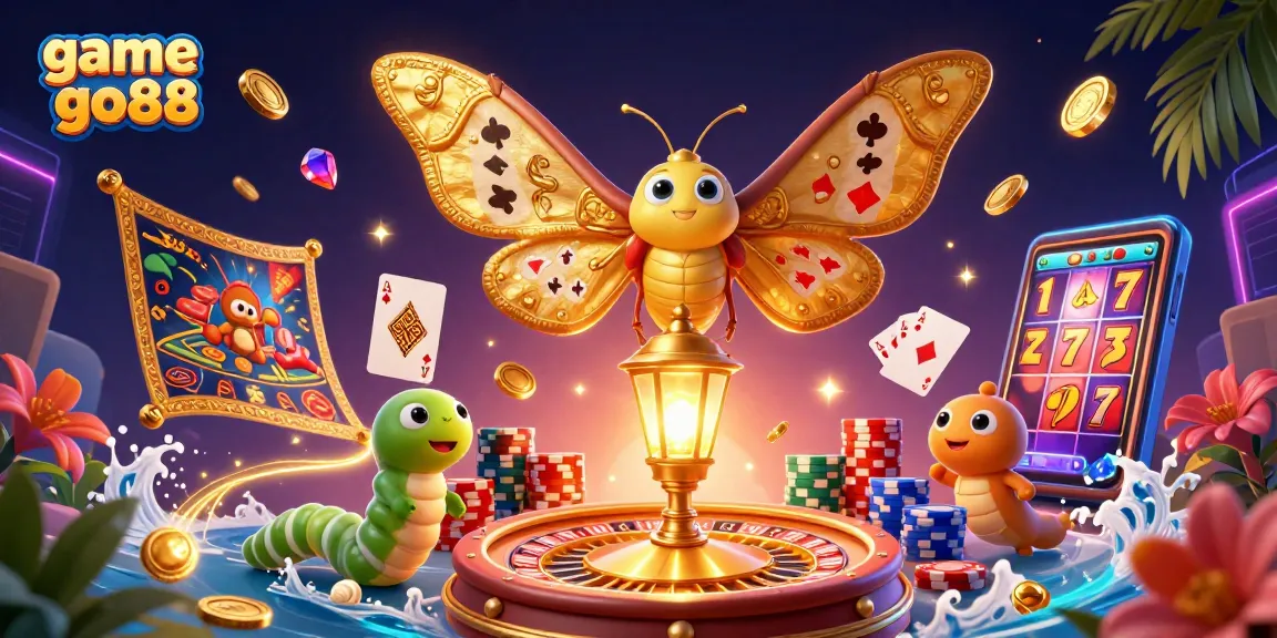 Experience the excitement of game go88 with vibrant casino elements and 3D characters in a stunning digital illustration.