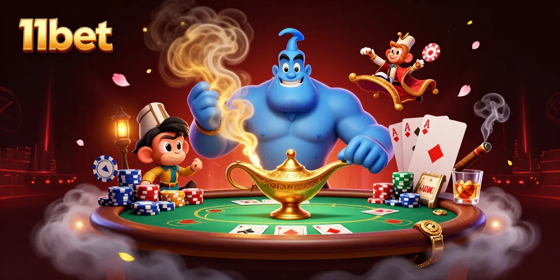 Experience thrilling 11bet action with a magical scene featuring poker elements and vibrant characters.