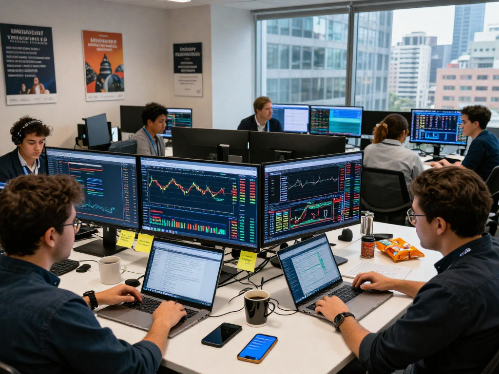 Traders using TradingView to analyze multi-market charts in a modern office.