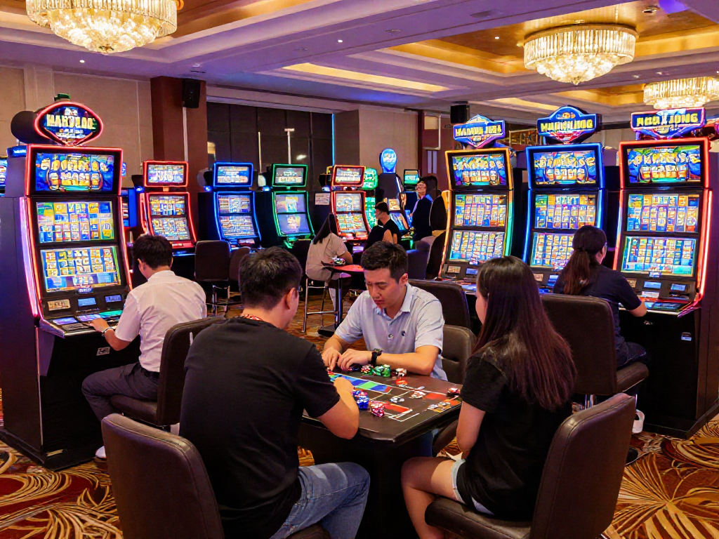Excited players engaging with Slot MAHJONGJP88 at a vibrant casino gaming floor.
