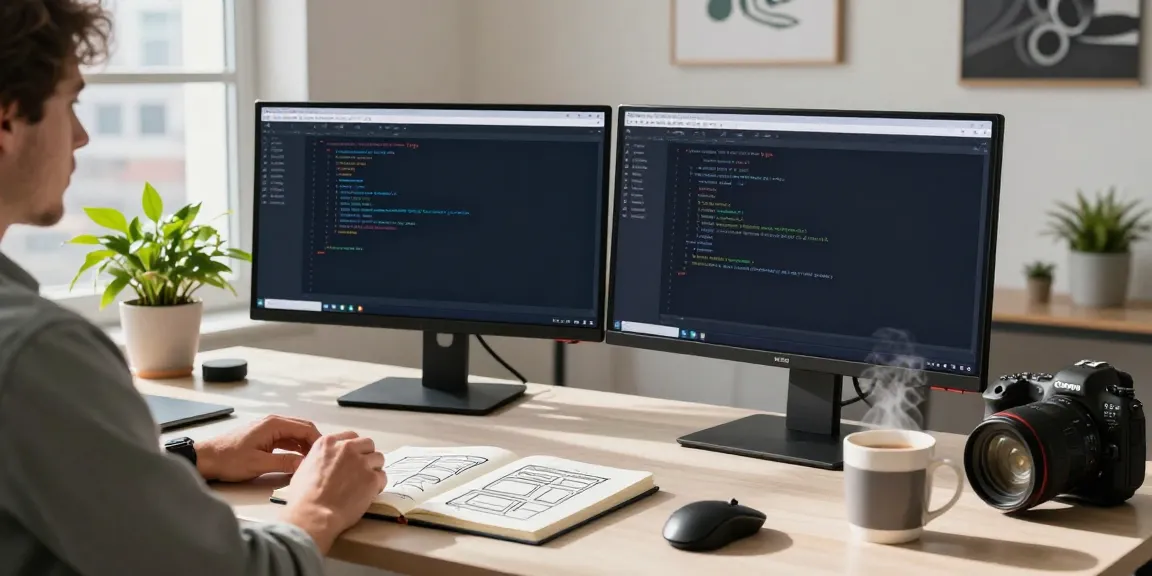 A developer working on a web site design with code on dual monitors and a modern workspace.