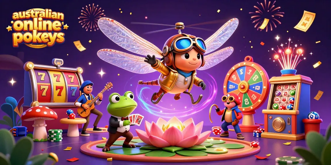 Play exciting australian online pokies with vibrant characters and casino elements in a dynamic scene.