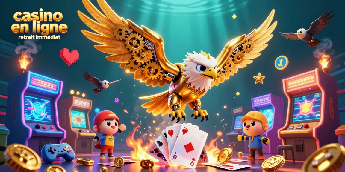 Découvrez le casino en ligne retrait immédiat avec une illustration captivante d'un aigle cybernétique doré naviguant à travers des cartes holographiques.