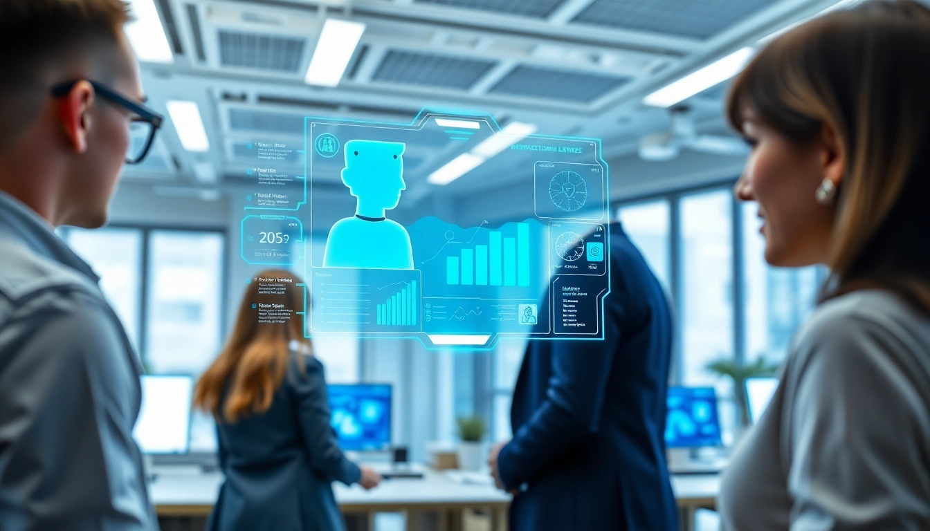 AI agents in a futuristic workspace assisting users with data processing and analytics.