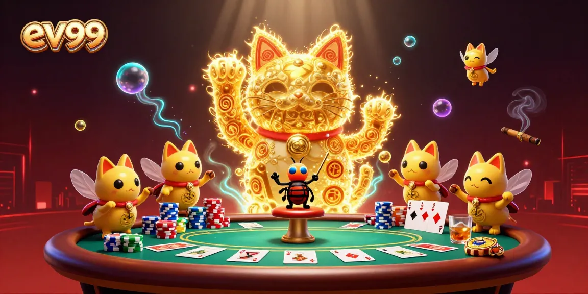 Experience the enchanting world of ev99 with a lucky cat and vibrant poker elements in action.