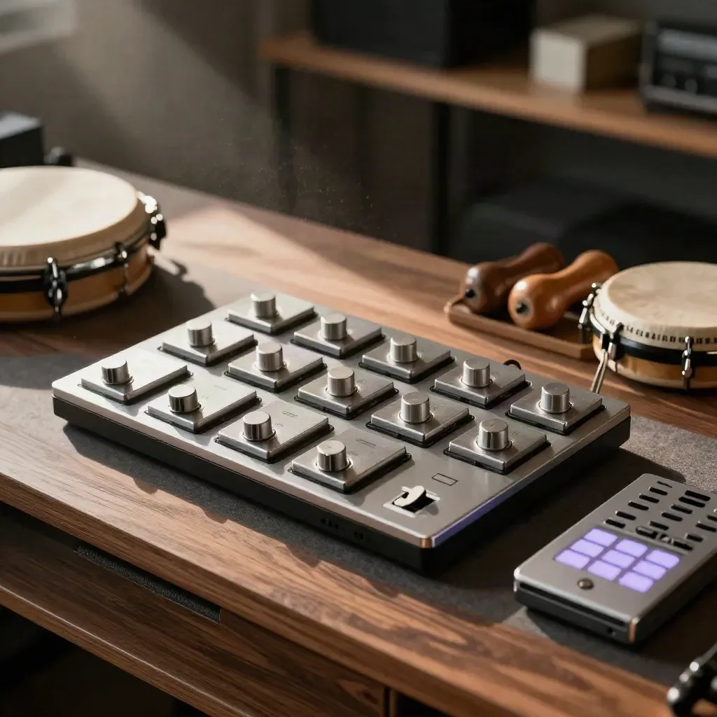 Overhead sound-pack kit with sample drives, loop cartridges, percussion tray, and compact sampler glowing purple.
