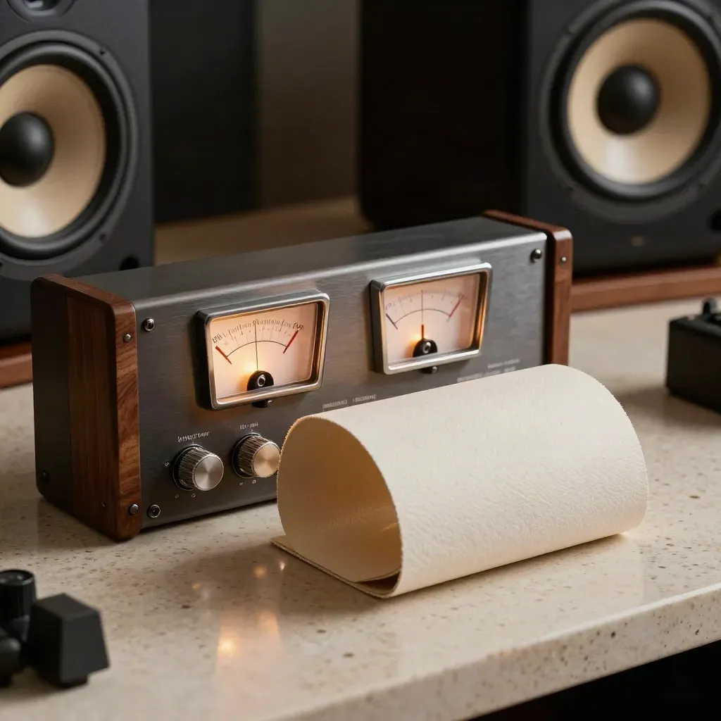 Rack compressor meters rising beside speakers and a master disc in sleeve on travertine.