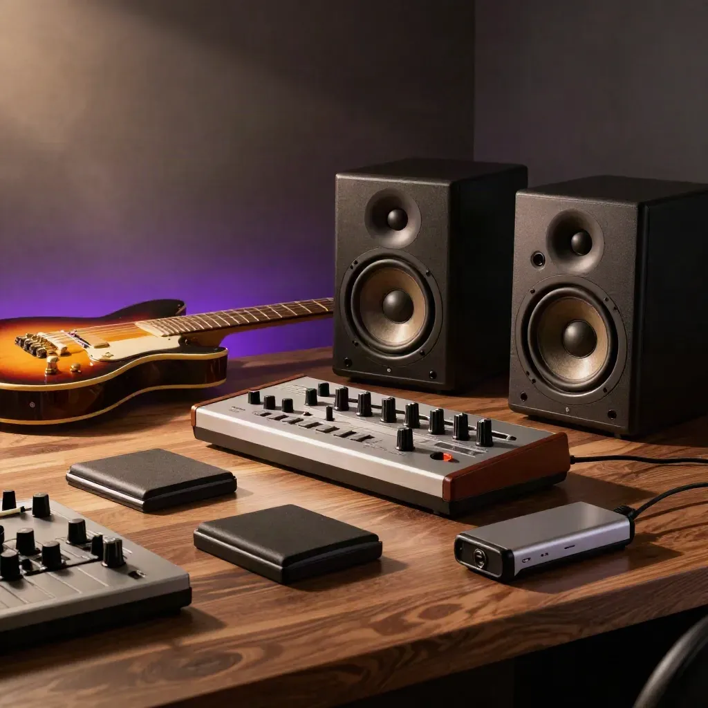 Beat production corner with synth, drum pads, speakers, guitar edge, and export drive