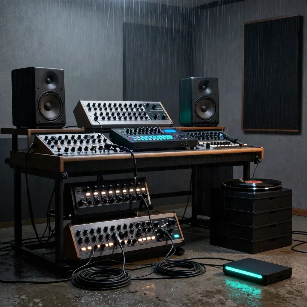 Rain-dark synth studio with cyan glow, speakers, drum machine, and export drive.