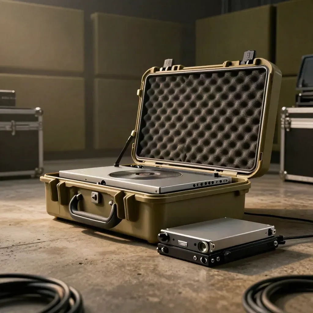 Open sync delivery package with stem drives and playback deck in a moody studio bay