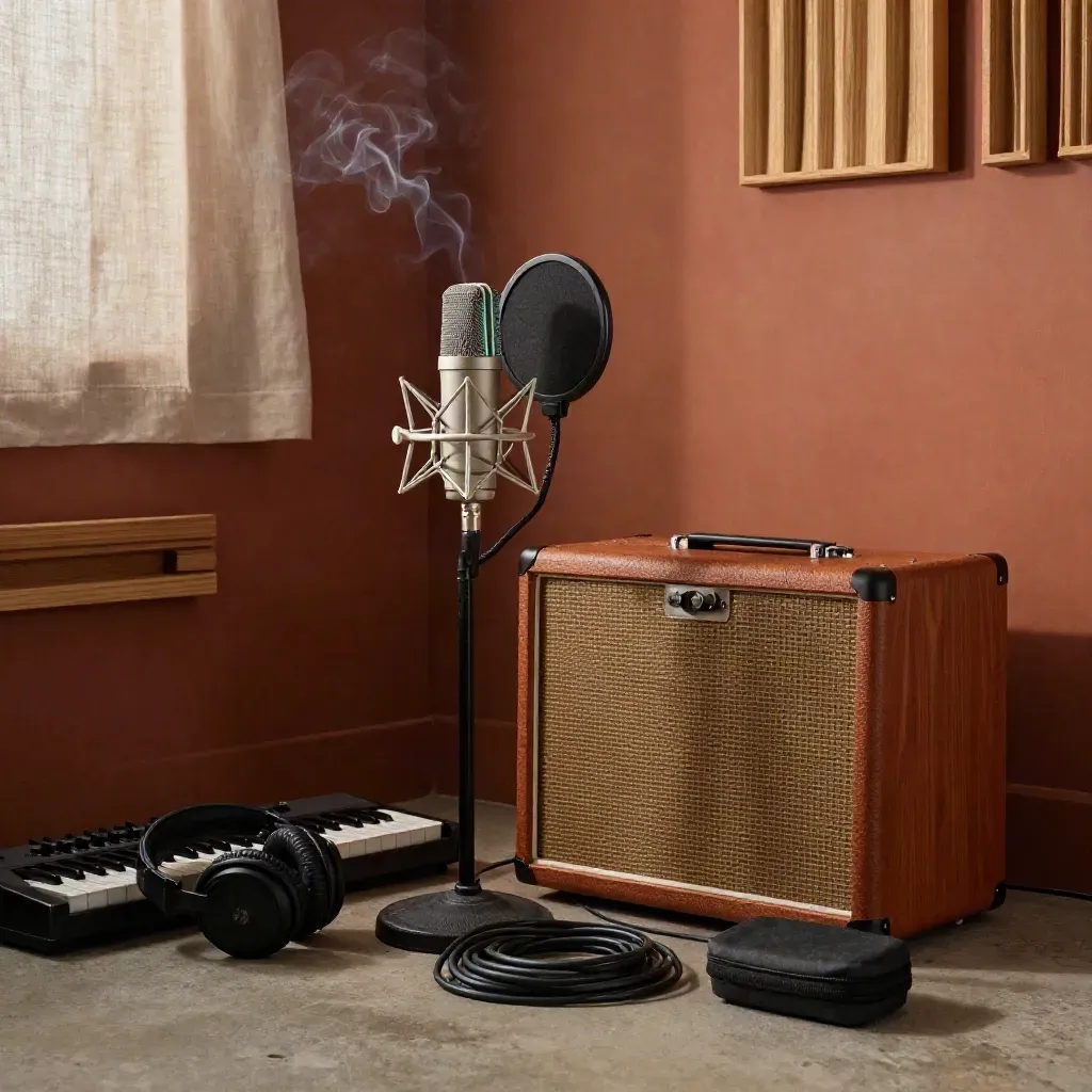 Studio mic, headphones, keyboard and amp cabinet in a warm terracotta music room.