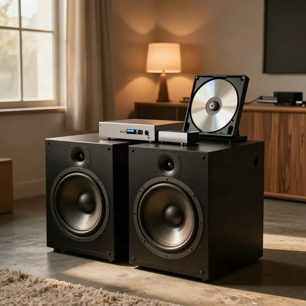 Mastering corner with subwoofers, interface, SSD and silver master disc in warm window light.