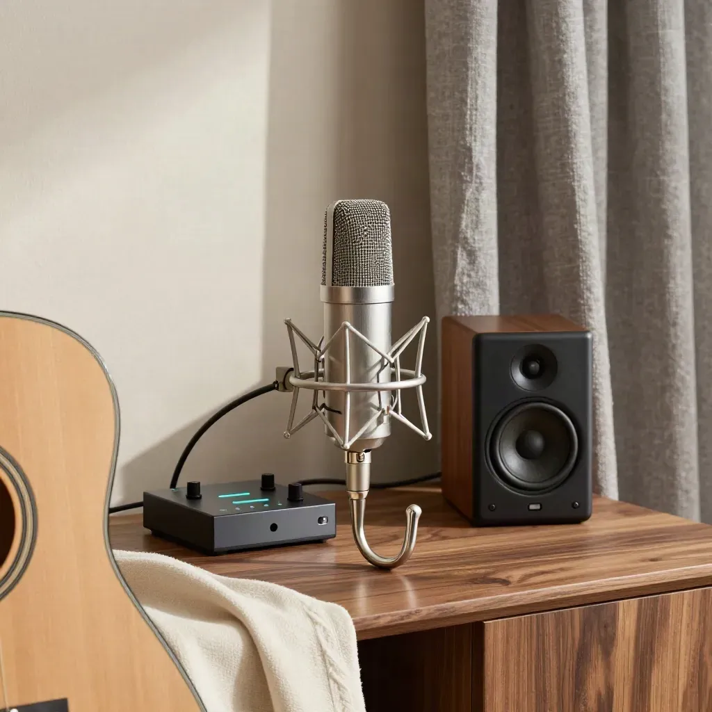 Guitar, condenser mic, interface, and speaker in a warm sunlit studio corner.