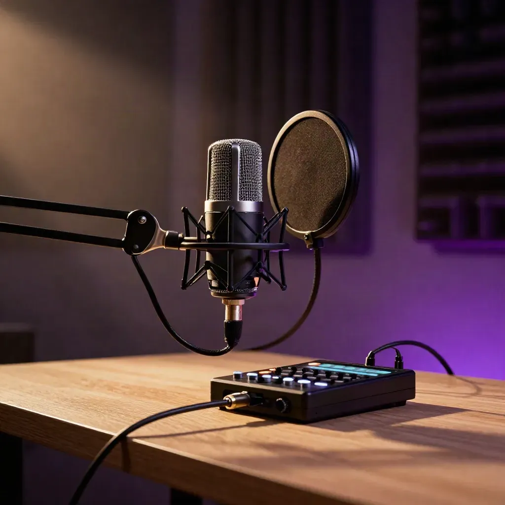 Extreme macro of podcast mic, pop filter, boom arm, cue lights, and playback deck in moody haze.
