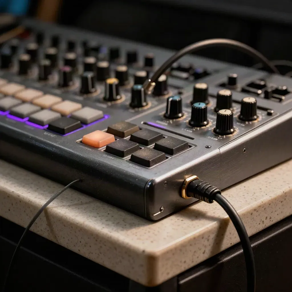 Macro of sampler, pad controller edge, patch cables and synth module on travertine under hard studio light.