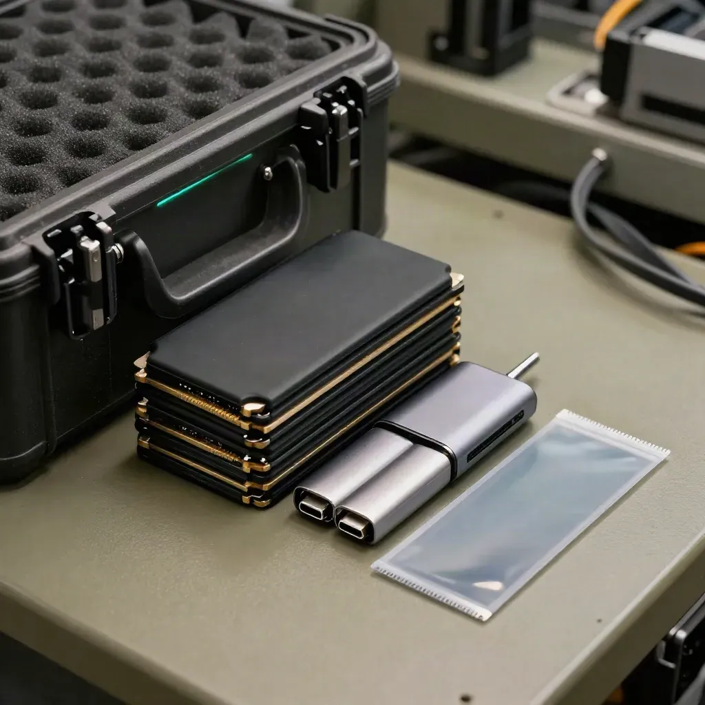 Stacked SSDs, USB-C hubs and sealed sleeves on a khaki workbench under hard cyan-lit shadow.