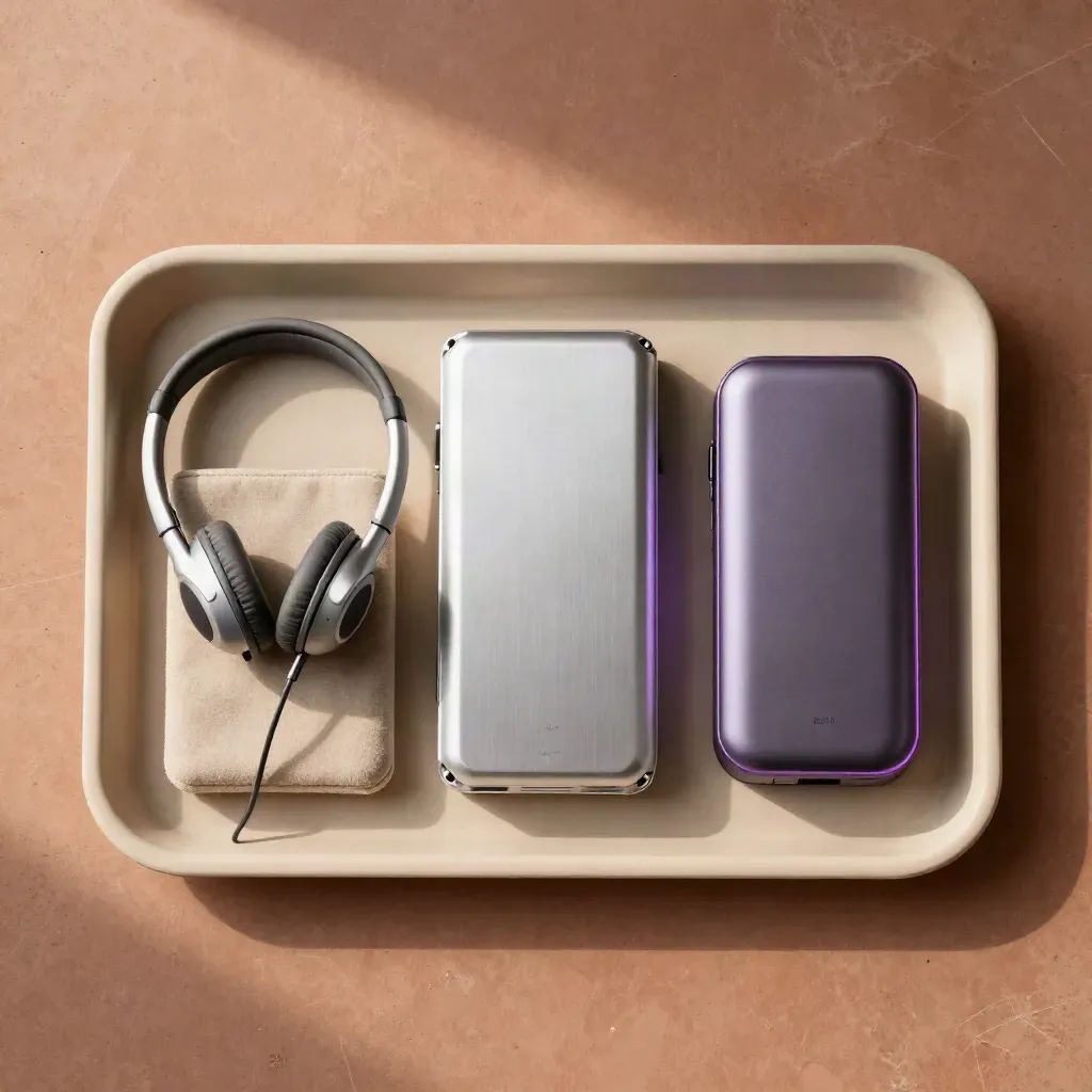 Top-down still life of audio drive cases, a coiled headset, and a desk timer on terracotta stone.