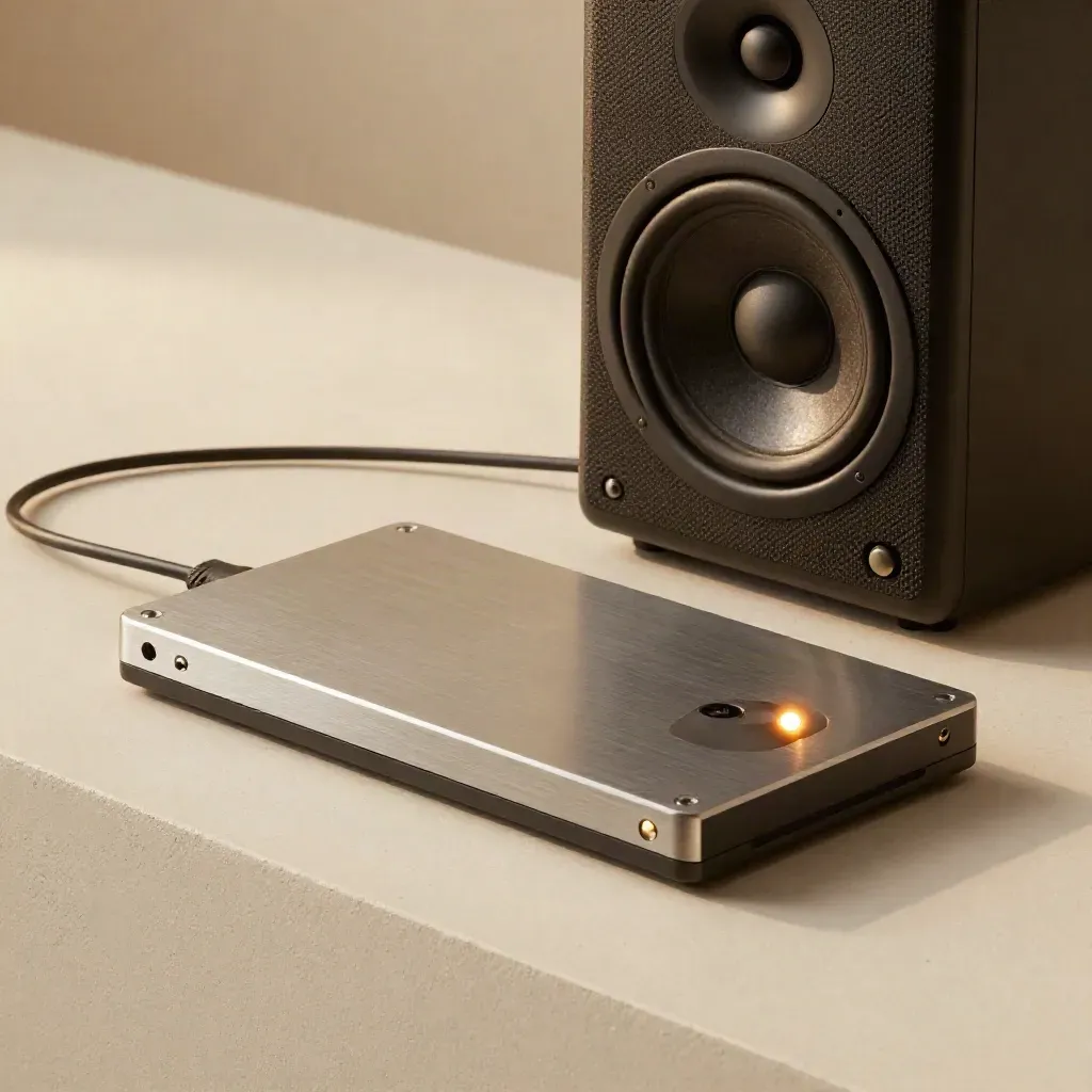 Playback drive, monitor speaker and audio interface on a soft plaster sweep with one glowing light.