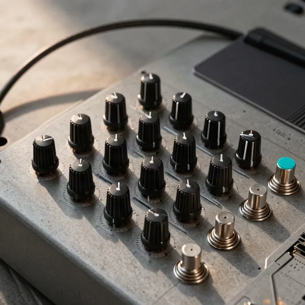 Overhead mixer knobs, patch plugs and short cables on concrete with a cyan accent.