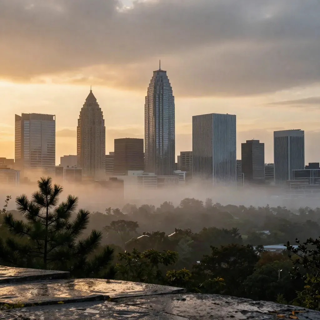 Atlanta skyline above a misty pine ridge at sunset with calm open space below