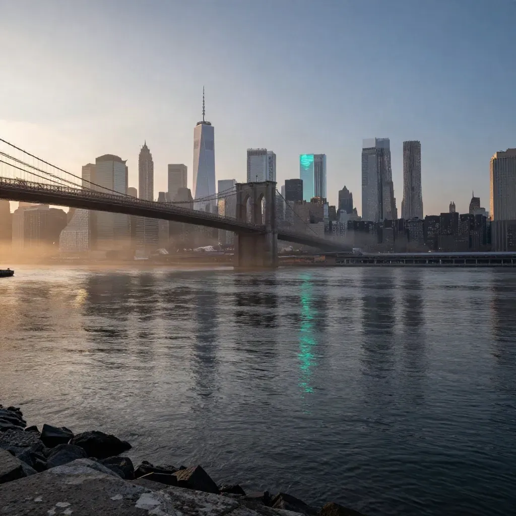 NYC skyline and bridges in golden fog above a calm river, with open space for copy.