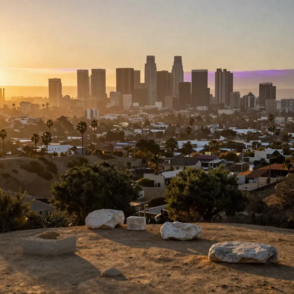 Hazy sunset view of downtown Los Angeles from a hillside, with palms and warm amber sky.