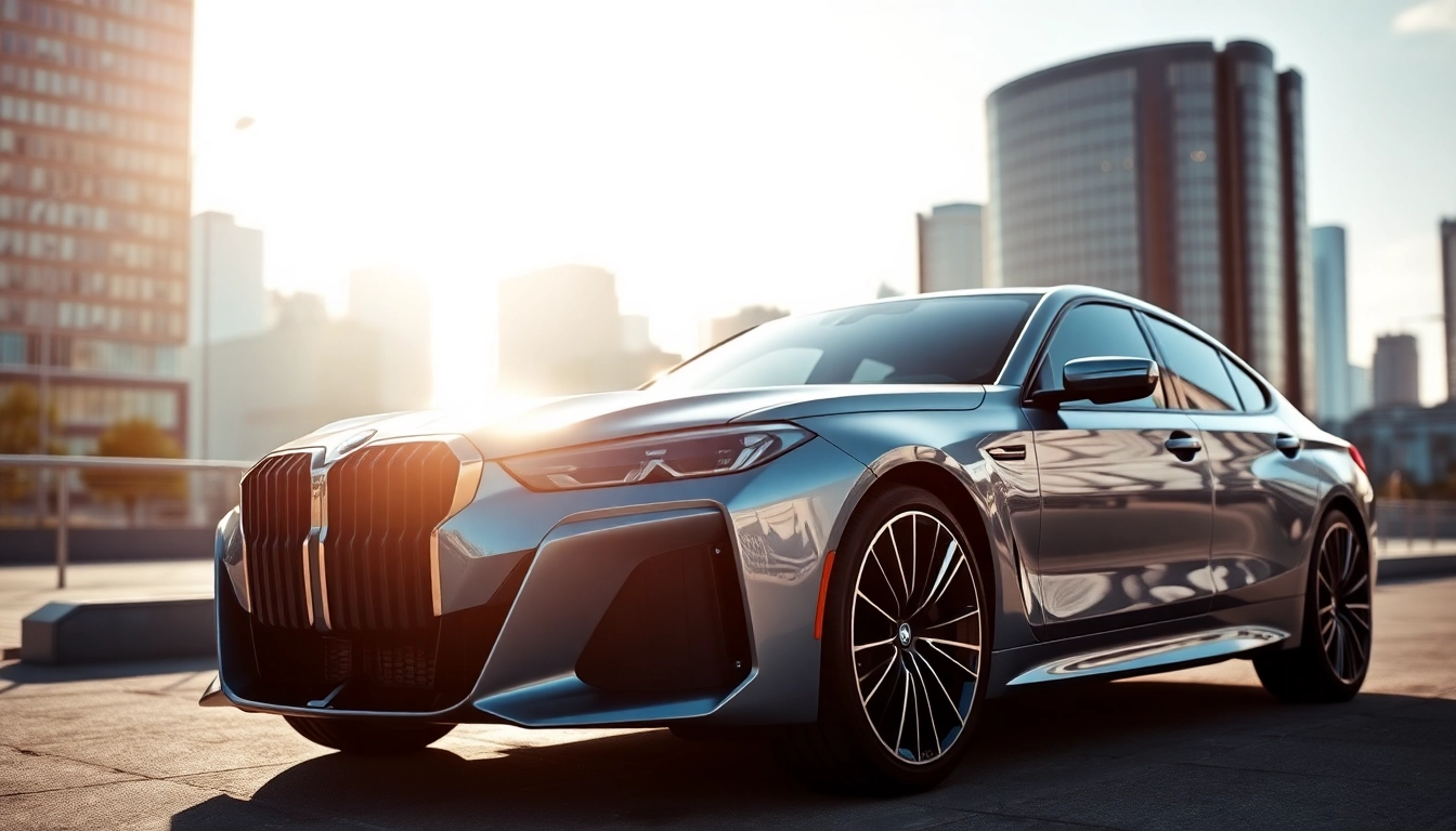 Luxury BMW car showcased with unique design features against a modern city skyline.