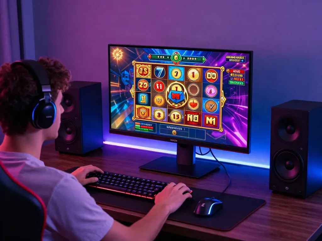 Engaged player enjoying a slot game in a vibrant, immersive online gaming setup.