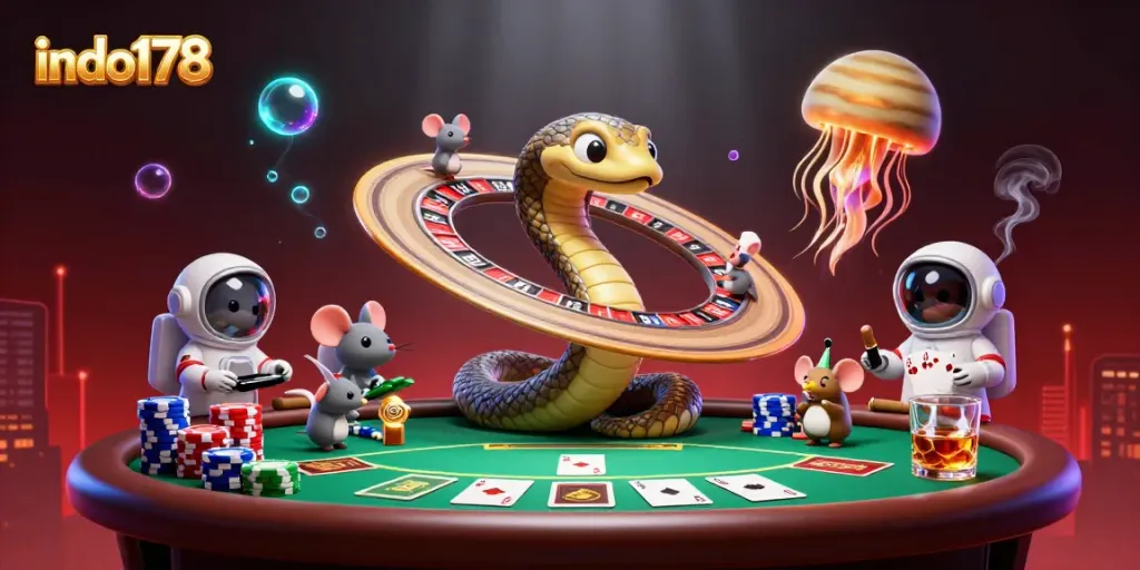 Experience the thrill of indo178 online gaming at this vibrant cosmic casino scene with unique characters and rich details.