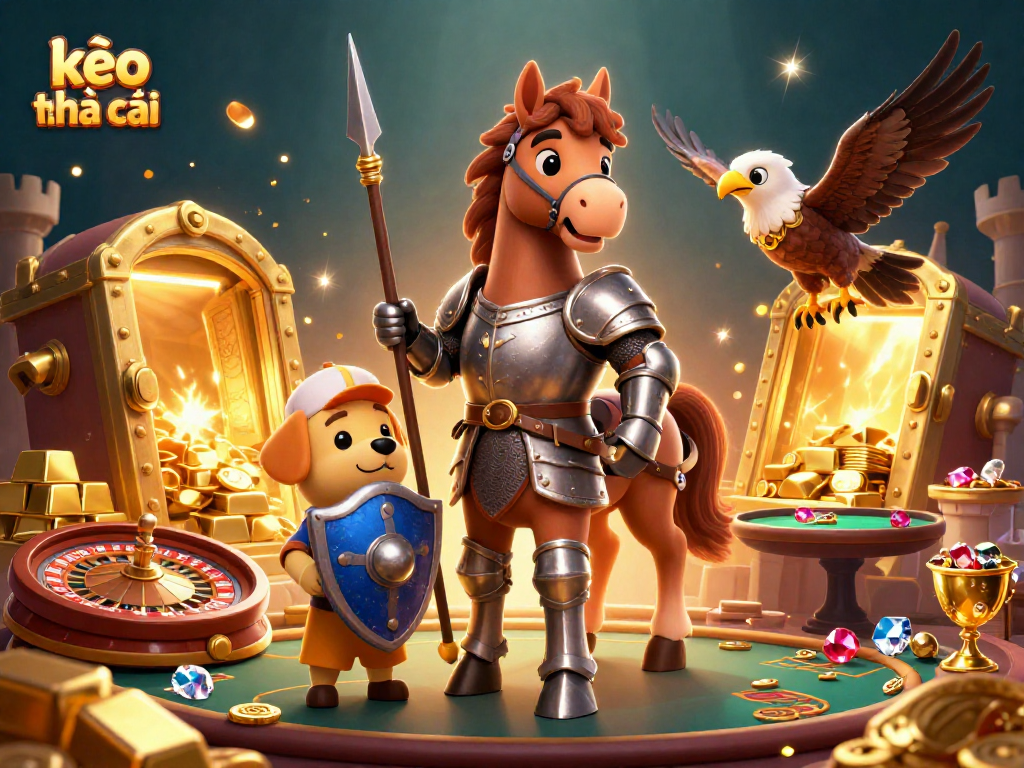 Engage with kèo nhà cái in this vibrant 3D casino scene showcasing a knight, puppy, and falcon.