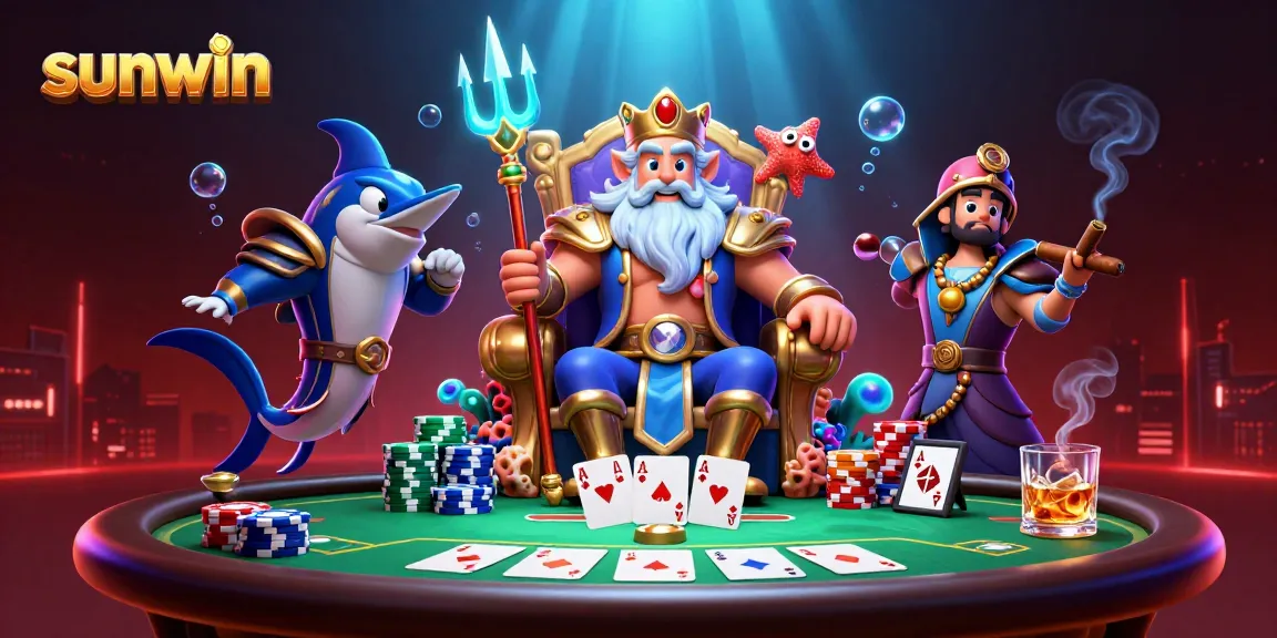 Experience the thrill of sunwin with Neptune and poker elements in a vibrant casino scene.