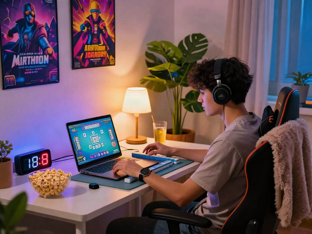 Engaging MahjongJP88 with deposit QRIS in a cozy gaming setup featuring snacks and vibrant decor.