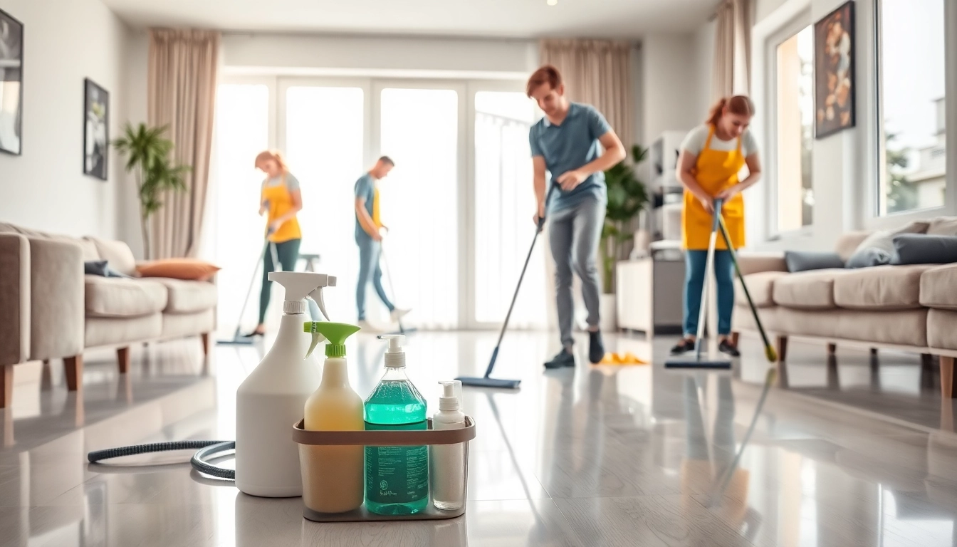Team performing bond cleaning in a bright living room, focusing on details and professionalism.