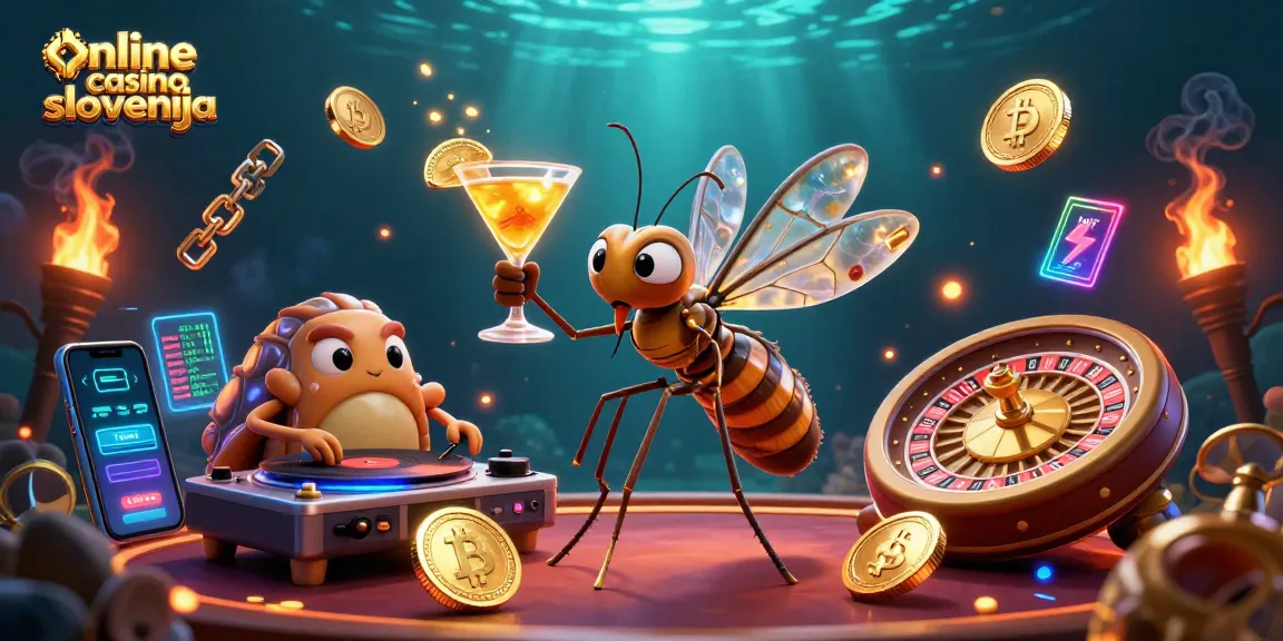 Zabavna scena z online casino slovenija, ki vključuje 3D komične like in kripto elemente.