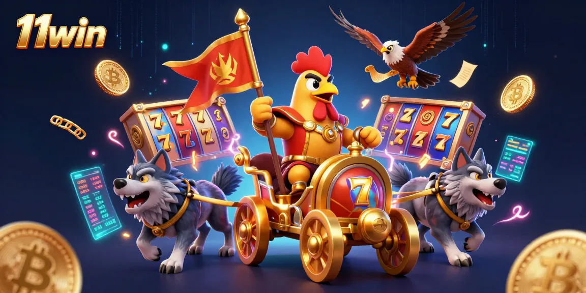 Engage with the vibrant world of 11win featuring a rooster warlord alongside slot reels and crypto coins.