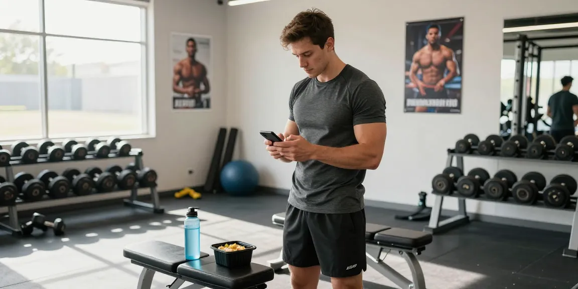 Young man using the best AI calorie tracker app in a bright gym setting.