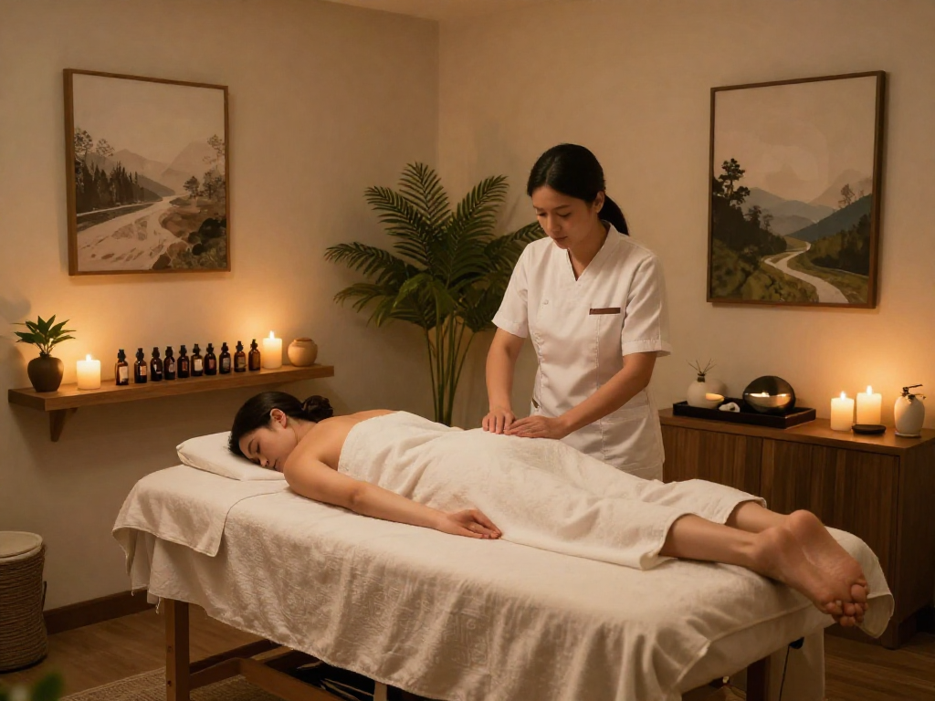 A serene spa treatment room at Balanced Massage featuring mantra 88 oils and a welcoming therapist consulting with a client.