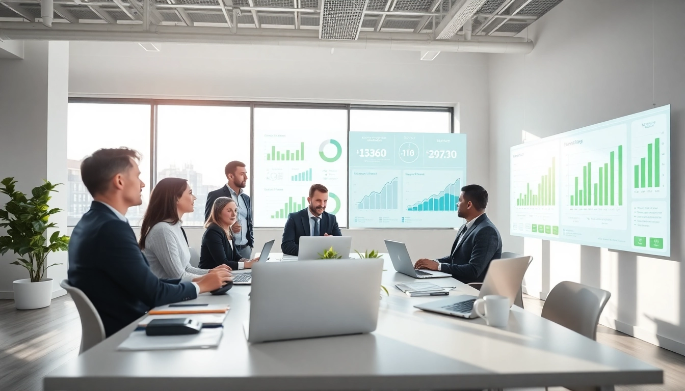 Engaging professionals discussing change of tenancy business energy strategies in a modern office.