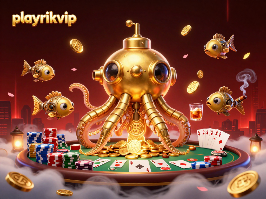Experience thrilling moments at playrikvip with a vibrant illustration showcasing a golden kraken submarine and poker elements.