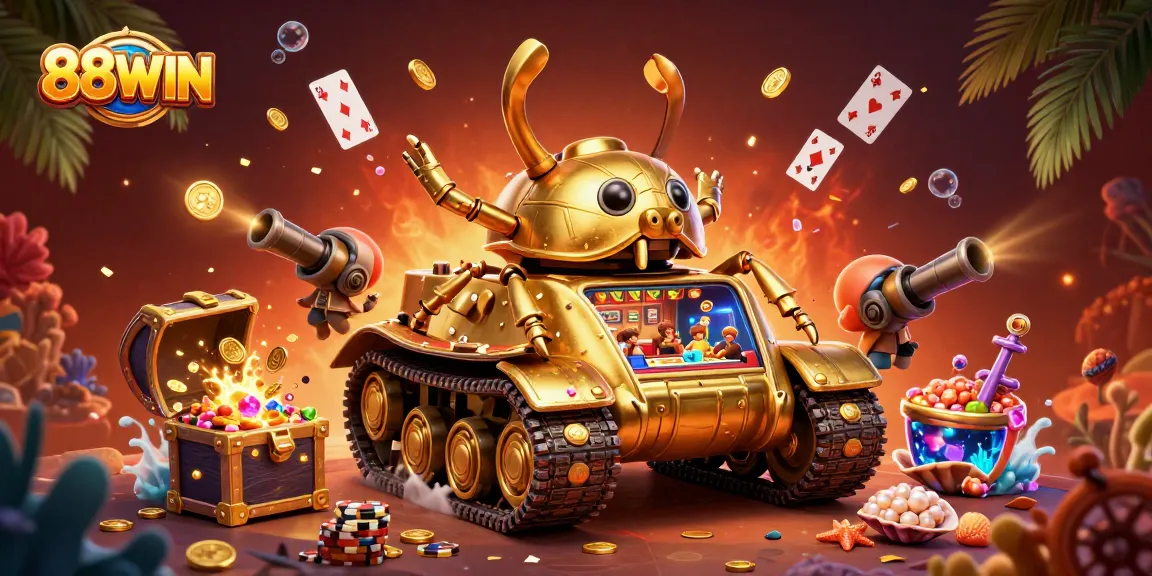 Experience the excitement of 88WIN with a vibrant casino scene inside a golden beetle tank, surrounded by rich treasures.