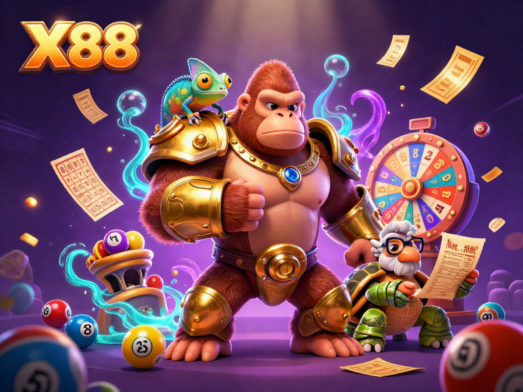 X88 showcases a vibrant scene with a gorilla king and gambling elements, depicting excitement and strategy.