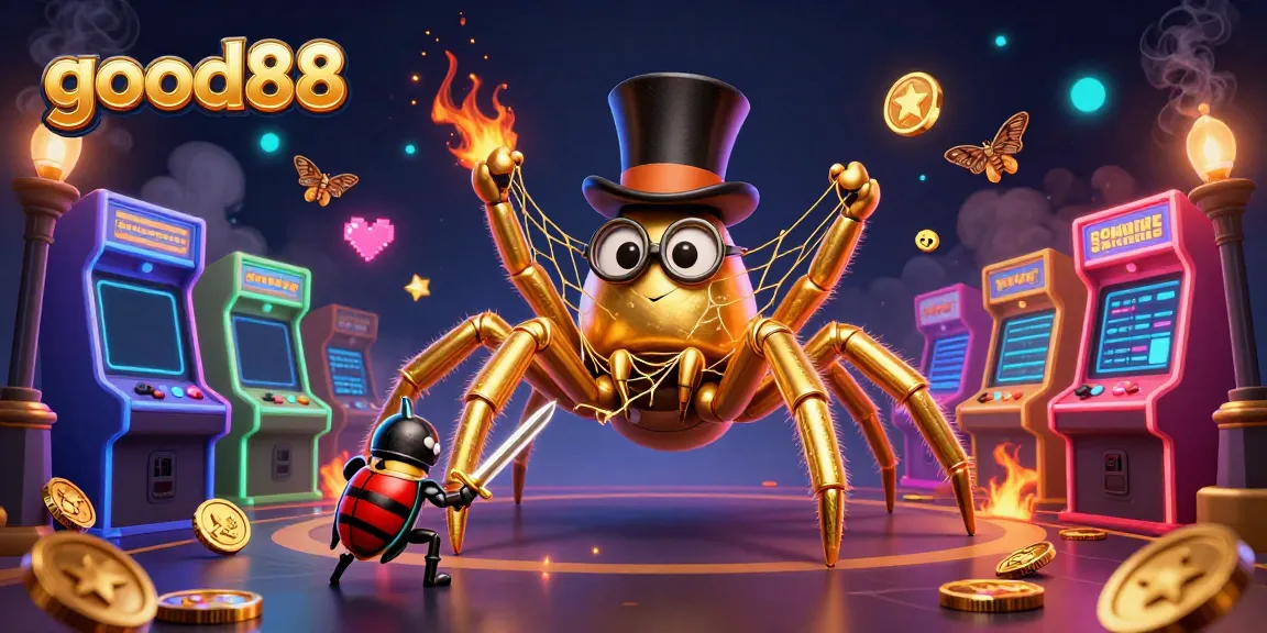 Engage with good88’s vibrant casino scene featuring a golden tarantula and beetle knight amidst thrilling game elements.