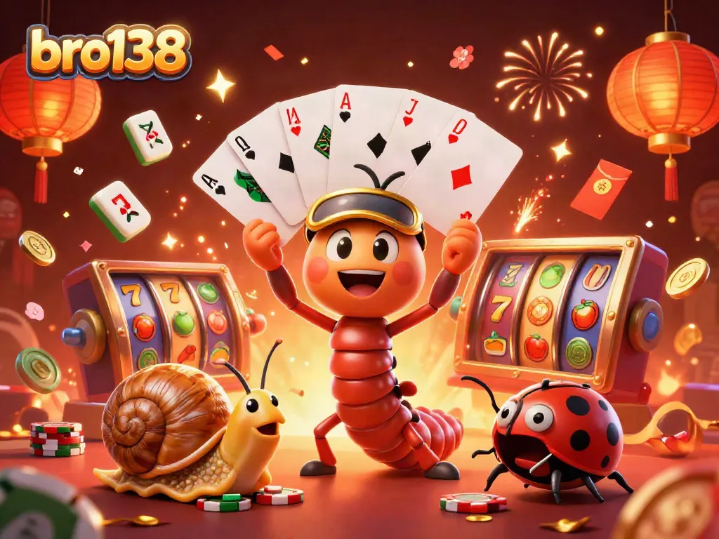 Spin to win with bro138's vibrant casino scene featuring colorful slot reels and lively characters.