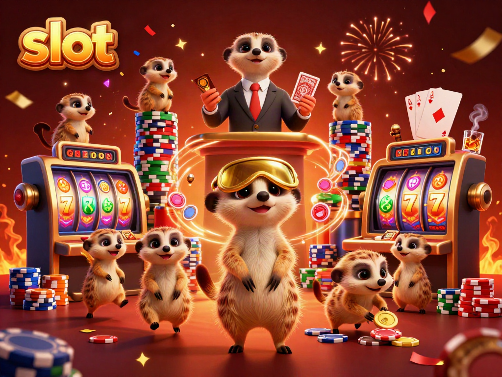 Sneak peek into a lively slot casino with meerkats managing game elements, jackpot symbols, and excitement
