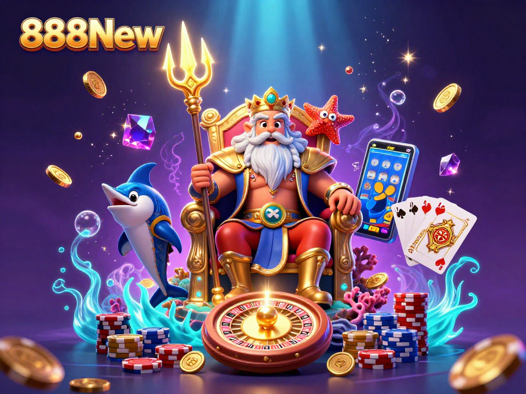 Experience thrilling gaming adventures at 888New with Neptune and his friends celebrating bonuses.